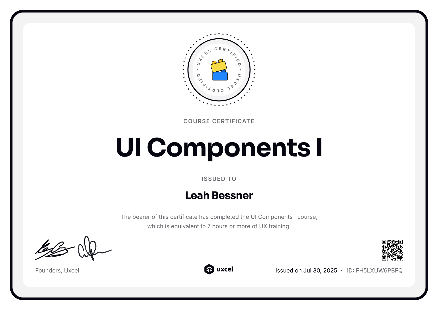 Leah Bessner's certificate